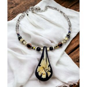 Vintage Art Glass 3D Flower Statement Necklace Teardrop Whimsigoth Cottage Fairy